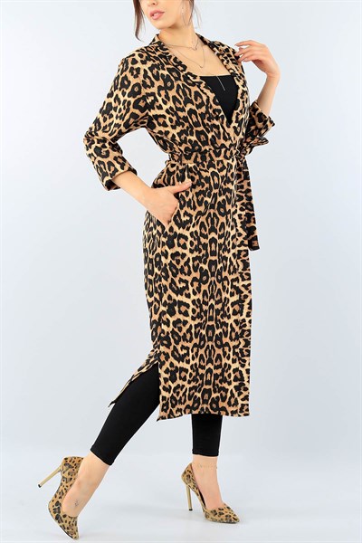 Kemerli Leopar Desen Bayan Ceket 38513