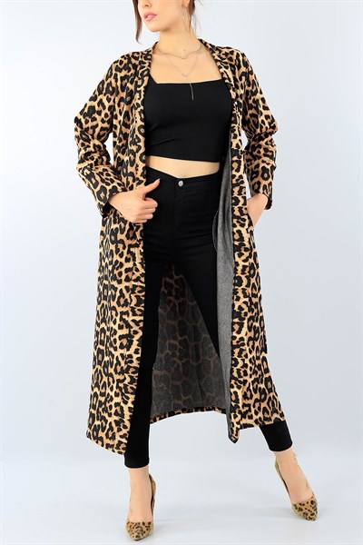 Kemerli Leopar Desen Bayan Ceket 38513
