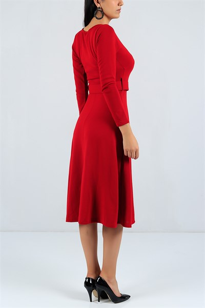 Kemerli Likralı Kırmızı Triko Elbise 22888B