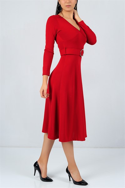 Kemerli Likralı Kırmızı Triko Elbise 22888B