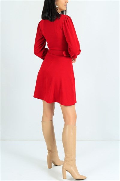 Kemerli Likralı Kırmızı Triko Elbise 24697B