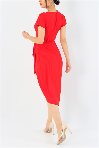 Kemerli Pileli Kırmızı Elbise 36766