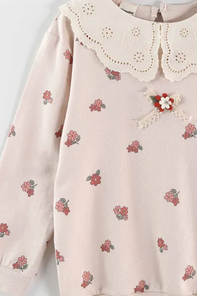 Kiremit (1-9 Yaş ) Güpür Yaka  Sweatli Kot Pantolonlu Kız Çocuk 2'li Takım 440119