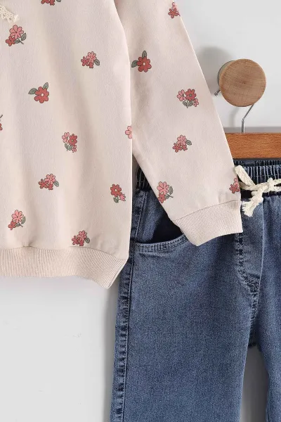 Kiremit (1-9 Yaş ) Güpür Yaka  Sweatli Kot Pantolonlu Kız Çocuk 2'li Takım 440119