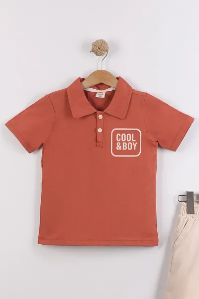 Kiremit (2-10  Yaş) Polo Yaka Cool Boy Baskılı Tişörtlü Gabardin Şortlu Erkek Çocuk Yazlık 2'li Takım 454612