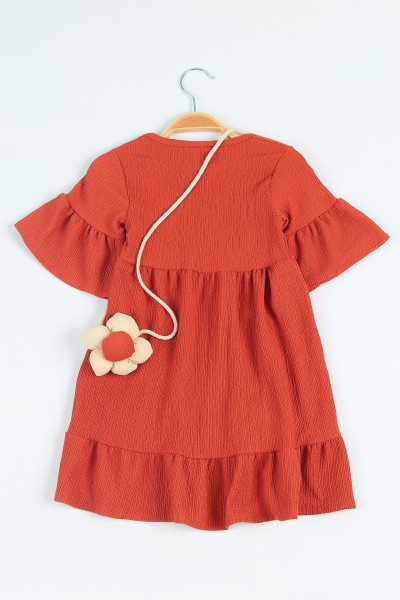 Kiremit (3-10 Yaş) Okyanus Kumaş Papatya Sahte Çantalı Kız Çocuk Elbise 115871