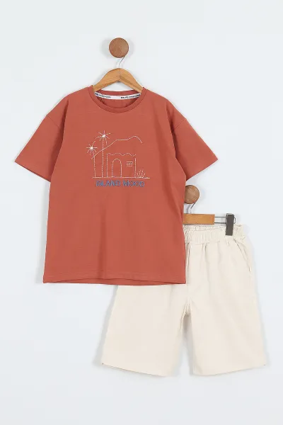 Kiremit (3-10 Yaş)Nakışlı Gabardin  Şortlu Erkek Çocuk Takım 356937