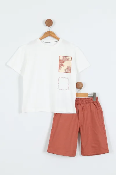 Kiremit (3-10 Yaş)Naturel Baskılı Gabardin  Şortlu Erkek Çocuk Takım 356916
