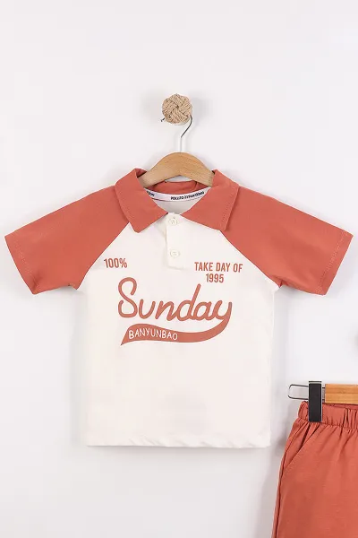 Kiremit (3-10 Yaş)Sunday Baskılı Yakalı Düğmeli Garnili Erkek Çocuk Takım 460724