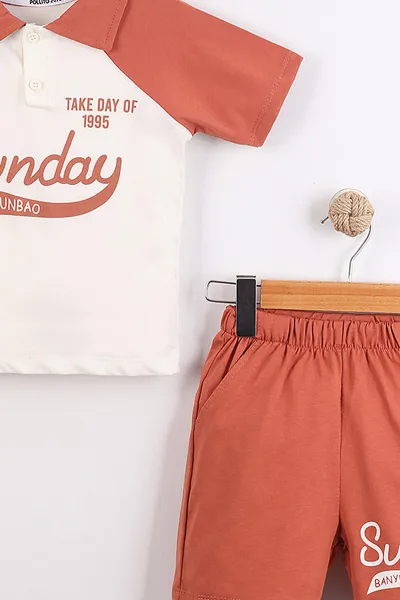Kiremit (3-10 Yaş)Sunday Baskılı Yakalı Düğmeli Garnili Erkek Çocuk Takım 460724