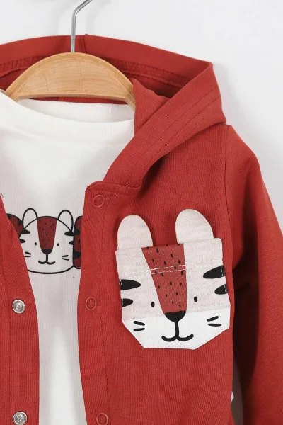 Kiremit (3-12 Ay) Tiger Baskılı Kapüşonlu İnterlok Erkek Bebek 3'lü Takım 335774