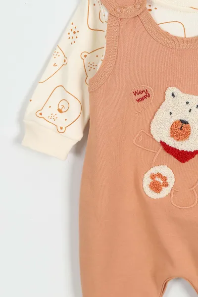 Kiremit (3-12 Ay)Fularlı Ayı Nakışlı Erkek Bebek Salopet Takım 424717