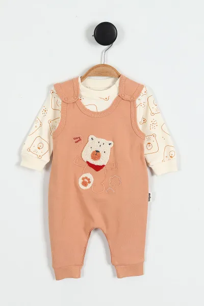 Kiremit (3-12 Ay)Fularlı Ayı Nakışlı Erkek Bebek Salopet Takım 424717