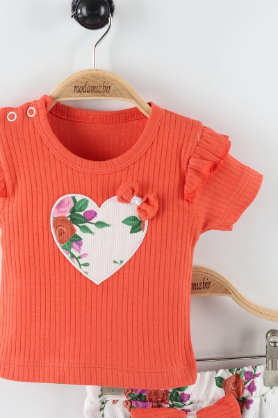 Kiremit (3-15 Ay) Fiyonklu Çiçek Baskılı Kalp Nakışlı Kız Bebe Takım 162154
