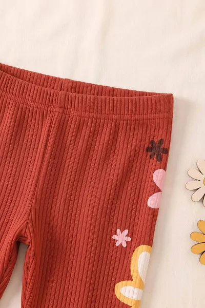 Kiremit (4-10 Yaş)Daisy Duck Baskılı  Alt Fitilli Baskılı Şort Diz Boy Kısa Taytlı Kız Çocuk Yazlık Takım 469889