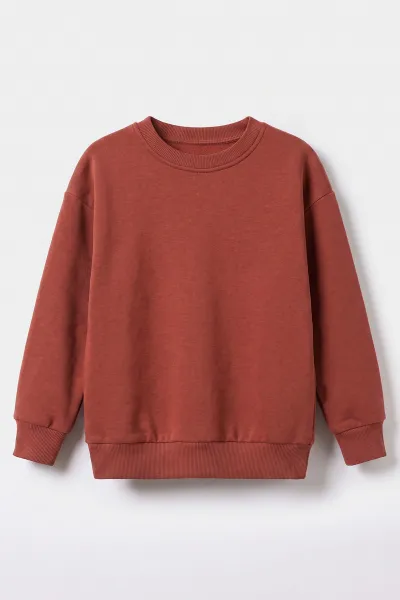 Kiremit (5-12 Yaş) Baskısız   Düz 3 İp Şardonlu Erkek Çocuk Sweatshirt 483584