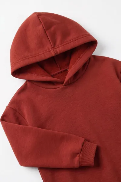 Kiremit (5-12 Yaş)Kapüşonlu Baskısız Üç İp Şardonlu Erkek Çocuk Sweatshirt 492182