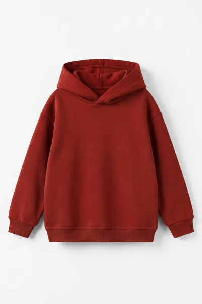 Kiremit (5-12 Yaş)Kapüşonlu Baskısız Üç İp Şardonlu Erkek Çocuk Sweatshirt 492182