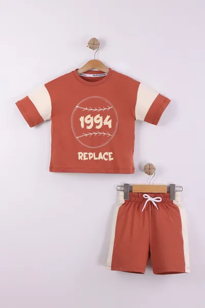 Kiremit (6-10 Yaş)   1994 Baskılı Garni Detay  Şortlu Penye Erkek Çocuk Yazlık Takım 441818