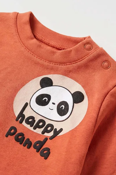 Kiremit (6-18 Ay) Happy Panda Baskılı Alt Lastikli Paça Erkek Bebek Takım 479398