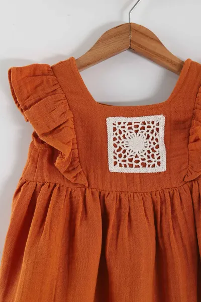 Kiremit (6-24 Ay) Örgü İşlemeli Kol Fırfırlı Kız Bebek Müslin Elbise 449432