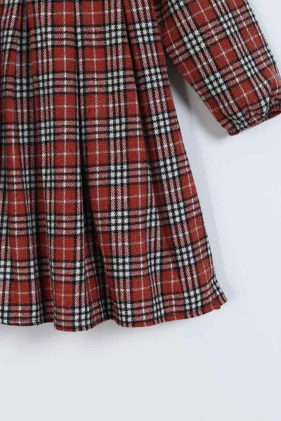 Kiremit (7-10 Yaş)Bebe Yaka Ekoseli Kız Çocuk Elbise 338058