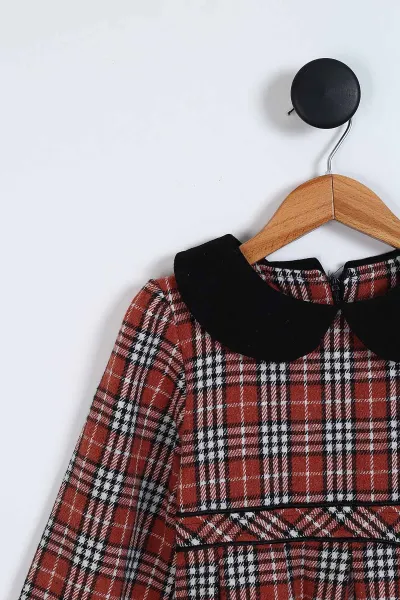 Kiremit (7-10 Yaş)Bebe Yaka Ekoseli Kız Çocuk Elbise 338058