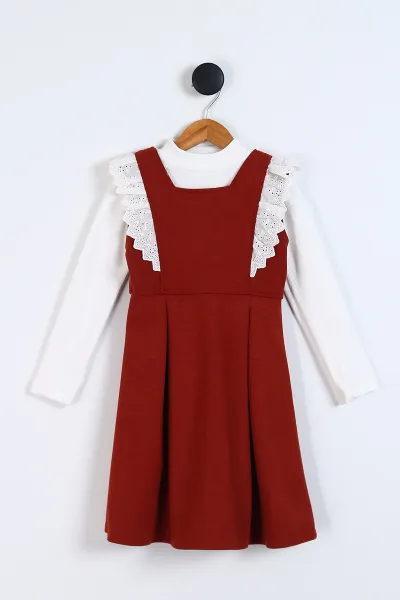 Kiremit (7-10 Yaş)Fırfırlı Dantelli Kız Çocuk Jile Elbise 338069