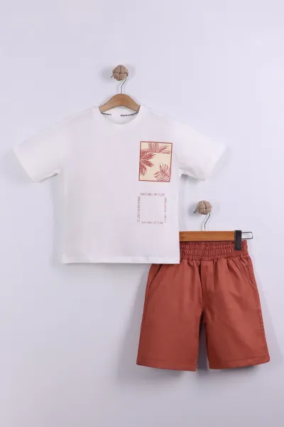 Kiremit (7-11 Yaş)Natural Picture Baskılı Tişörtlü  Gabardin Şortlu Erkek Çocuk Yazlık Takım 441933