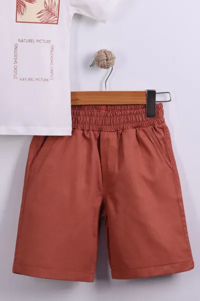 Kiremit (7-11 Yaş)Natural Picture Baskılı Tişörtlü  Gabardin Şortlu Erkek Çocuk Yazlık Takım 441933