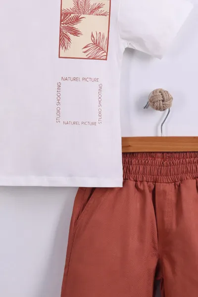 Kiremit (7-11 Yaş)Natural Picture Baskılı Tişörtlü  Gabardin Şortlu Erkek Çocuk Yazlık Takım 441933
