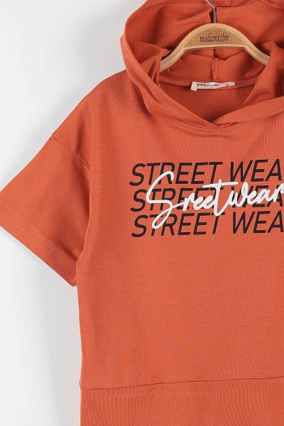 Kiremit (9-12 Yaş) Street Wear Baskılı Kapüşon Detaylı Kız Çocuk Takım 176953