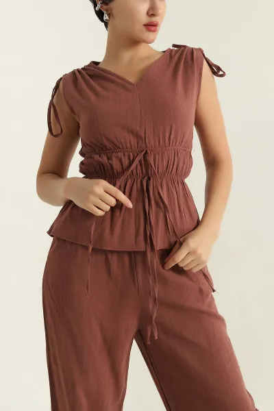 Kiremit Bel Lastikli Cepli Keten Kadın İkili Takım 365840