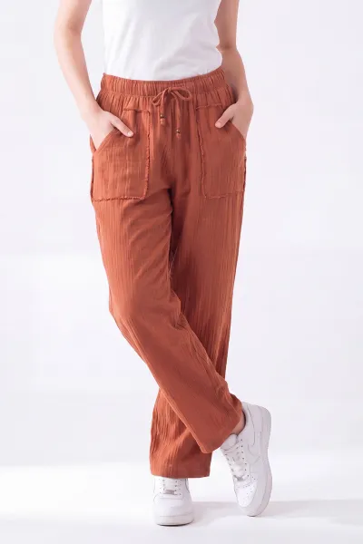 Kiremit Beli Lastikli Müslin Keten Kadın Pantolon 451554