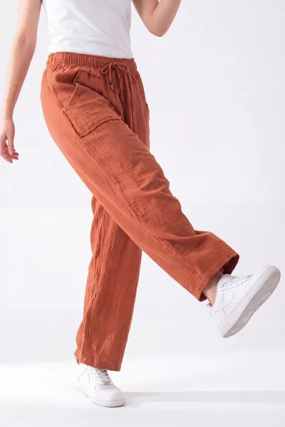 Kiremit Beli Lastikli Müslin Keten Kadın Pantolon 451554