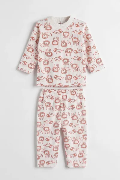 Kiremit Beyaz  (1-3 Yaş) Aslan Desenli Raporlu Çocuk Pijama Takım 477332