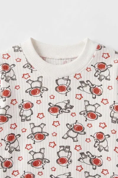 Kiremit Beyaz  (1-3 Yaş) Astronot Desenli Raporlu Çocuk Pijama Takım 477343