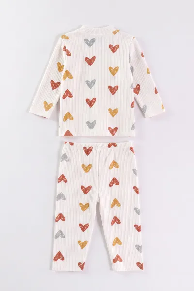 Kiremit Beyaz (1-3 Yaş) Kalp Desenli Raporlu Kız  Çocuk Pijama Takım 477275