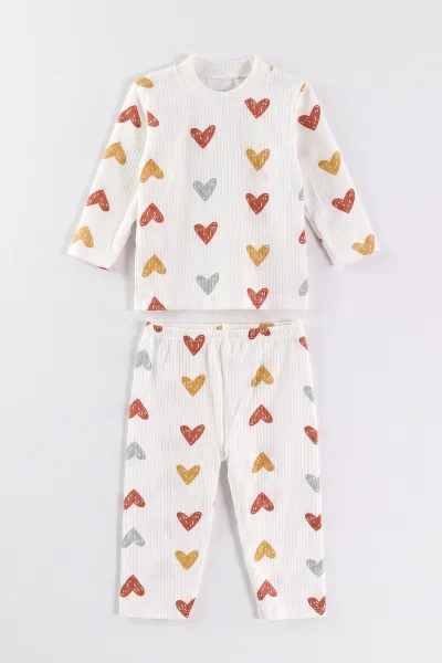 Kiremit Beyaz (1-3 Yaş) Kalp Desenli Raporlu Kız  Çocuk Pijama Takım 477275