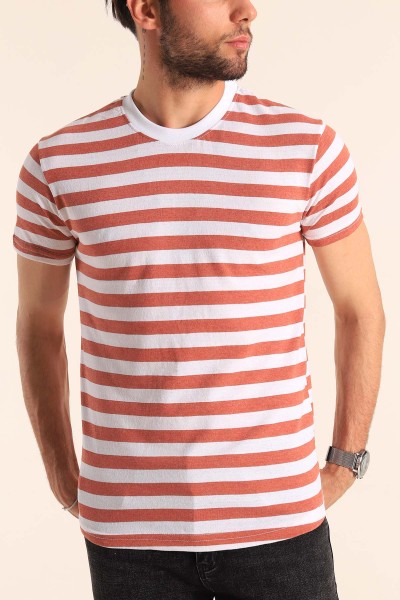 Kiremit Beyaz Çizgili Regular Fit Erkek Tişört 188012