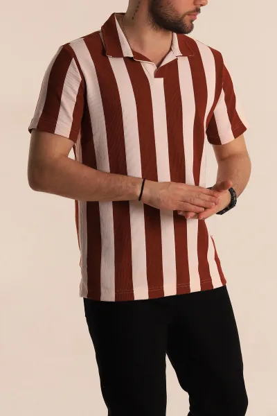 Kiremit Beyaz Regular Fit Çizgili Polo Yaka Erkek Tişört 268620