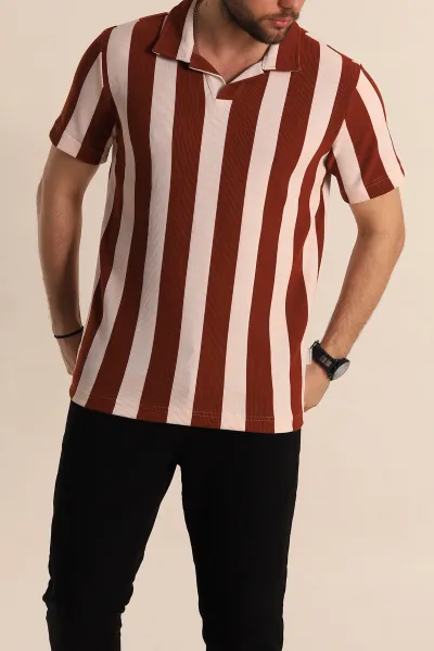 Kiremit Beyaz Regular Fit Çizgili Polo Yaka Erkek Tişört 268620
