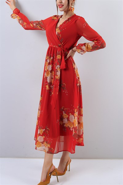 Kiremit Çiçek Desenli Bayan Şifon Elbise 15835B