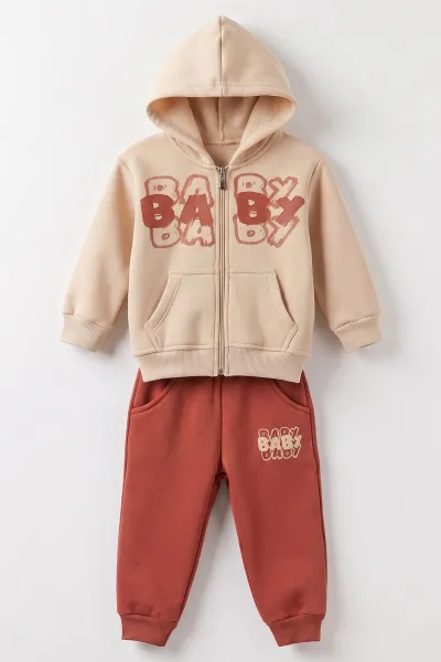 Kiremit Ekru (1-5 Yaş) Baby Baskılı Kapüşonlu Fermuarlı 3 İp Şardonlu Erkek Çocuk Kışlık Takım 487803