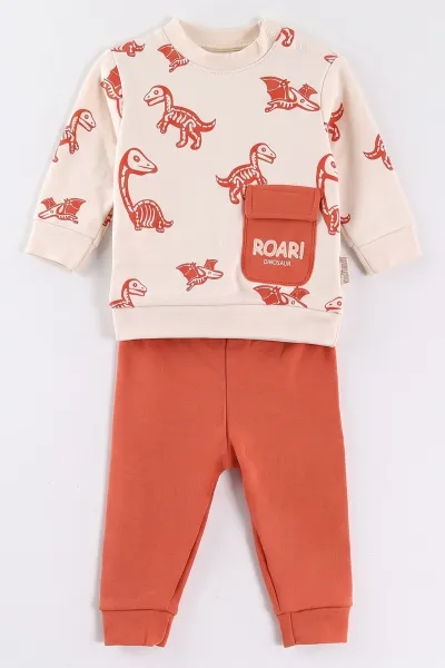 Kiremit Ekru  (6-18 Ay) Dinazor Baskılı Cep Detaylı Penye Kumaş  Erkek Bebek Takım 482058