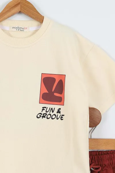 Kiremit Ekru  (7-12 Yaş)Ön Arka Fun Groove Baskılı Cepli Şortlu Erkek Çocuk Yazlık Takım 353402