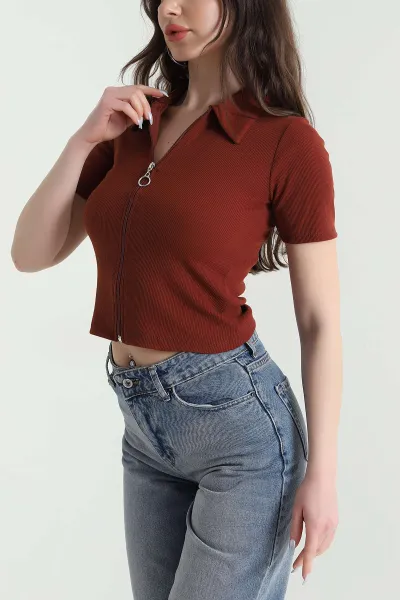 Kiremit Fermuarlı Ottoman Kadın Bluz 450060
