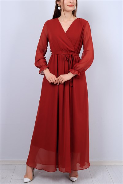 Kiremit Kruvaze Yaka Bayan Şifon Elbise 12420B