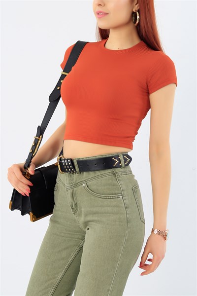 Kiremit Likralı Crop Tişört 30542