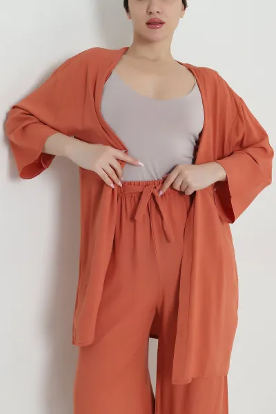 Kiremit Pantolon Kimono Dokuma Kadın İkili Takım 460347